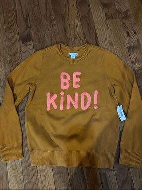 Amazon Essentials Mustard Crewneck Sweater with Pink "BE KIND" Graphic